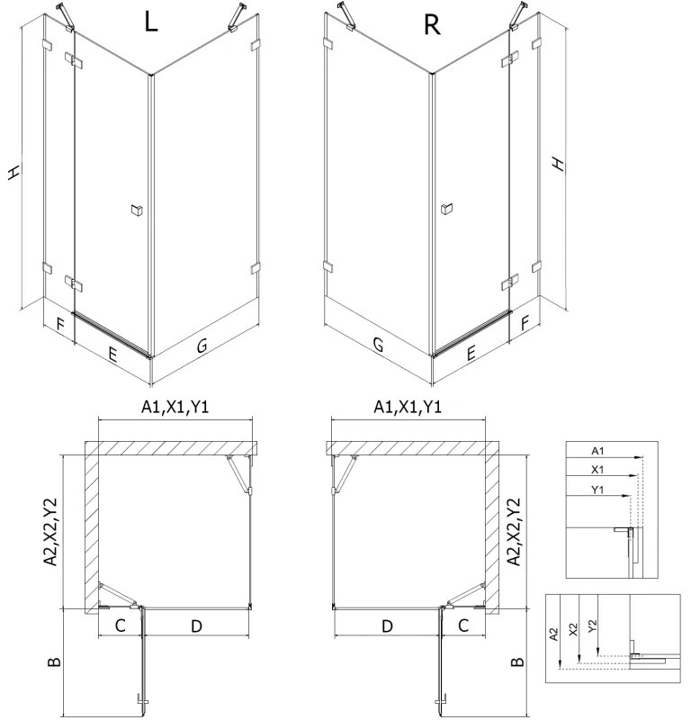 Mexen Lunar, výklopný sprchový kút ľavý 70 x 80 cm, 8mm číre sklo, zlatý matný profil, 834-070-080-55-00-L