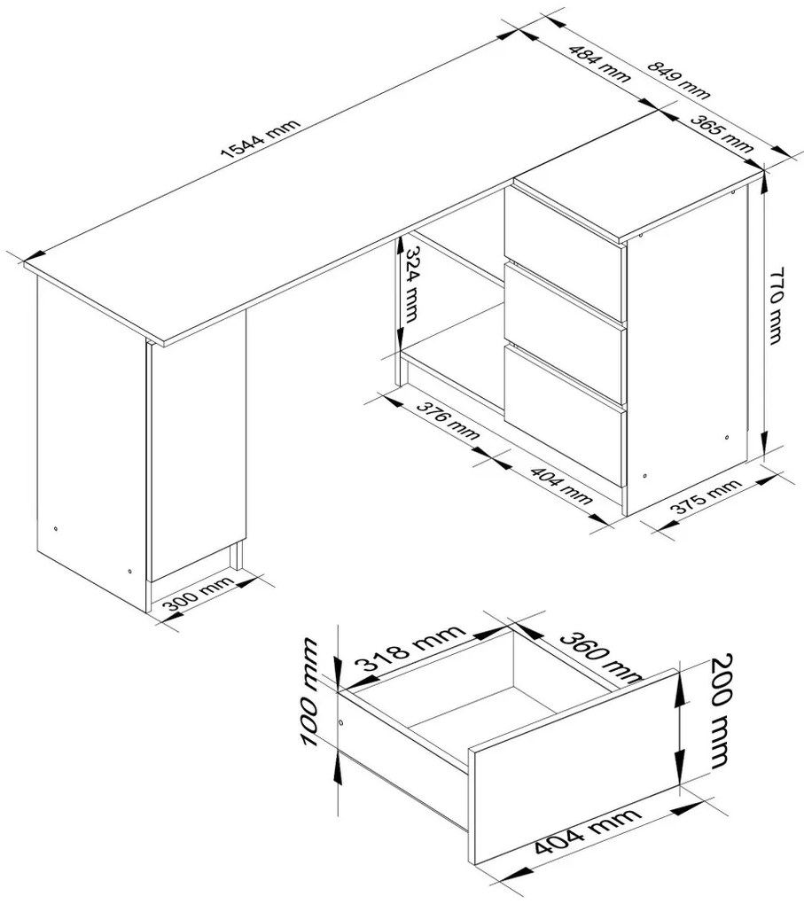 Rohový písací stôl B20 155 cm pravý dub artisan