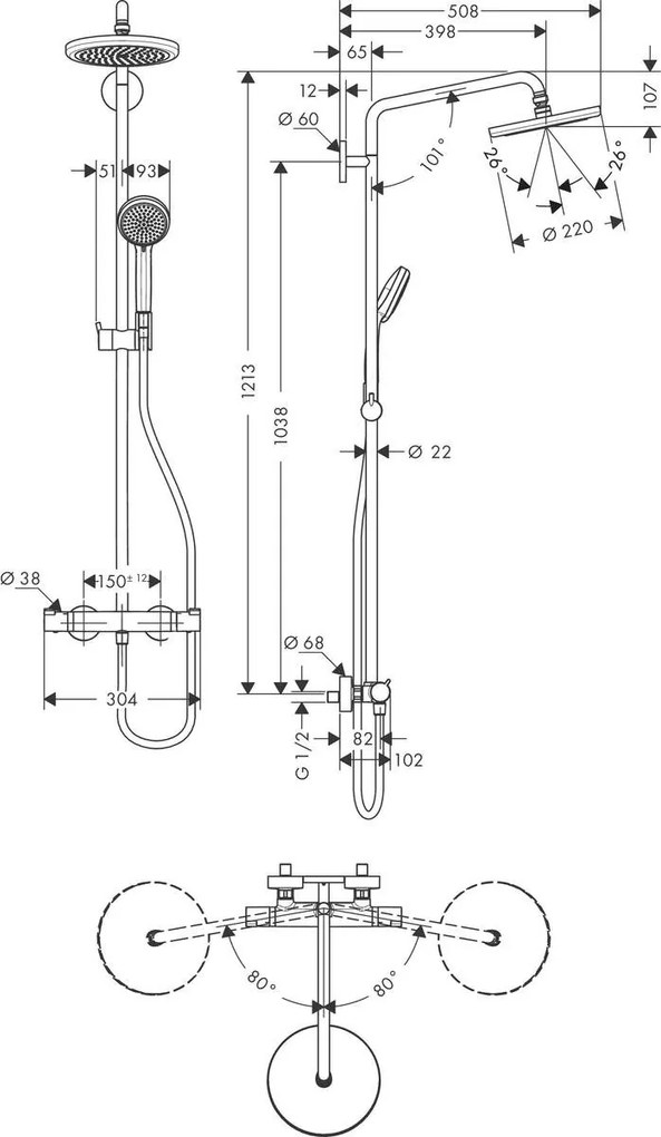 Hansgrohe Croma, Showerpipe 220 1jet EcoSmart 9 l/min s termostatom, chrómová, HAN-27188000