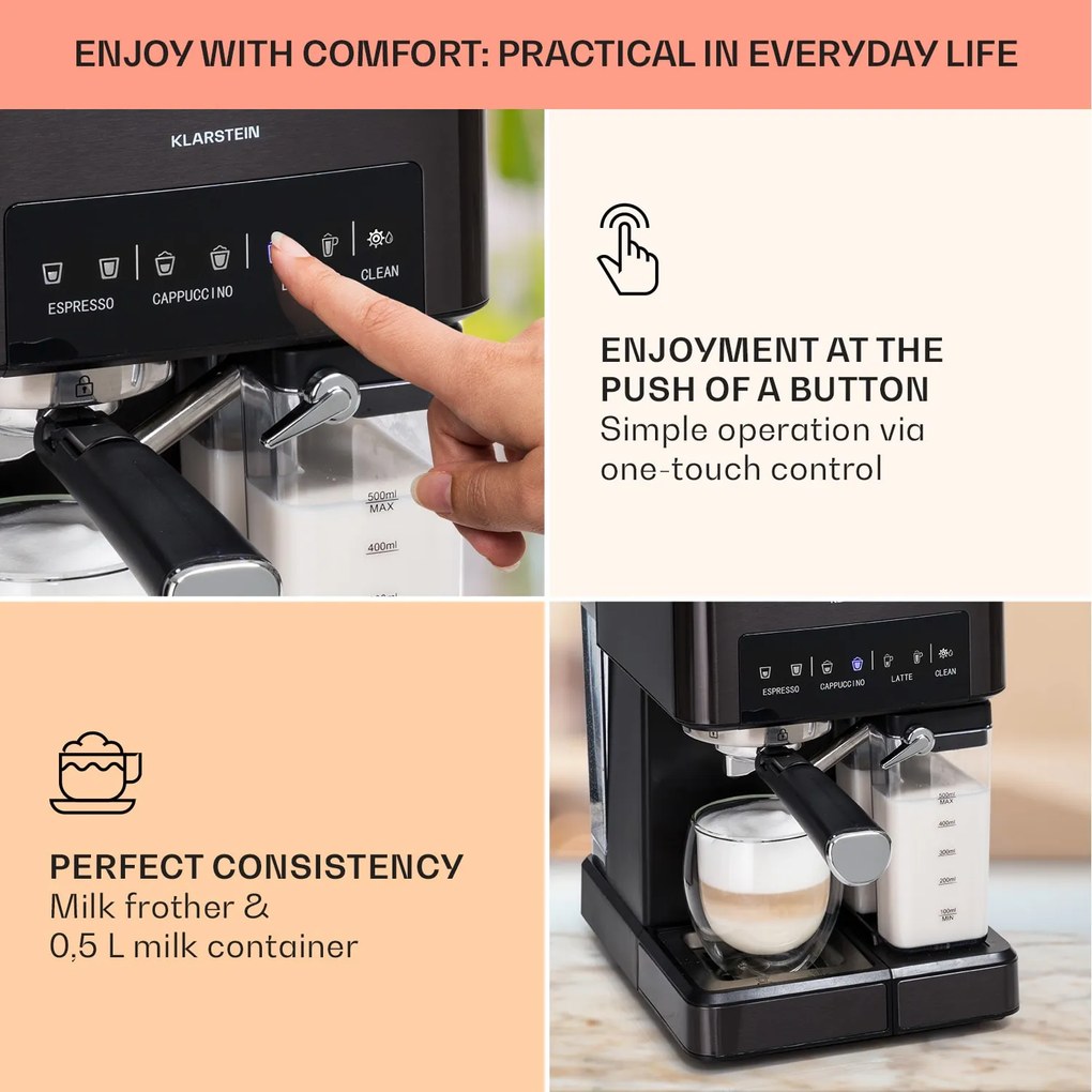 Klarstein Arabica Comfort  kávovar s portafiltrom, 1350 W, 20 bar, 1,8 l, dotykový ovládací panel