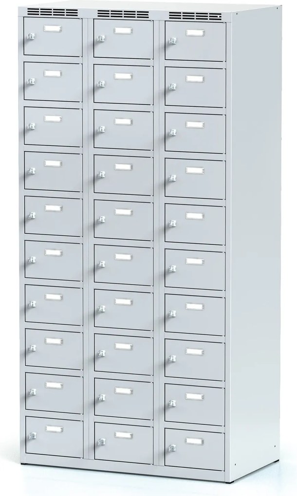 Alfa 3 Šatníková skrinka S6 s úložnými boxami, 30 boxov, 1800 x 900 x 500 mm, cylindrický zámok, sivé dvere
