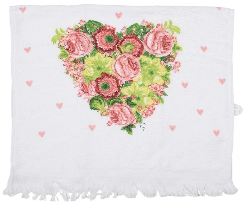 Biely kuchynský froté uterák so srdiečkom z kvetov - 40*66 cm