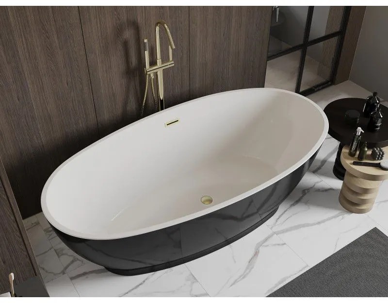 Mexen Bilbao, voľne stojaca vaňa 180 x 90 cm, biela-čierna, zlatý matný prepad, 51311809075-55