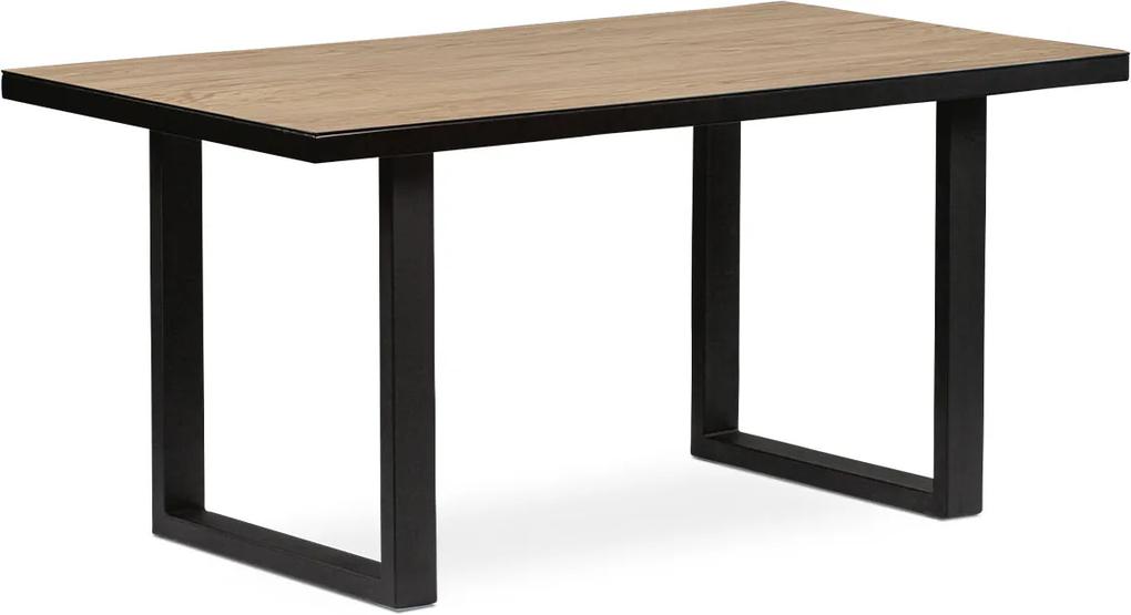 jedálenský stôl 160x90x76, keramické sklo 5 mm v dekoru dub + MDF, kovové nohy, čierny matný lak
