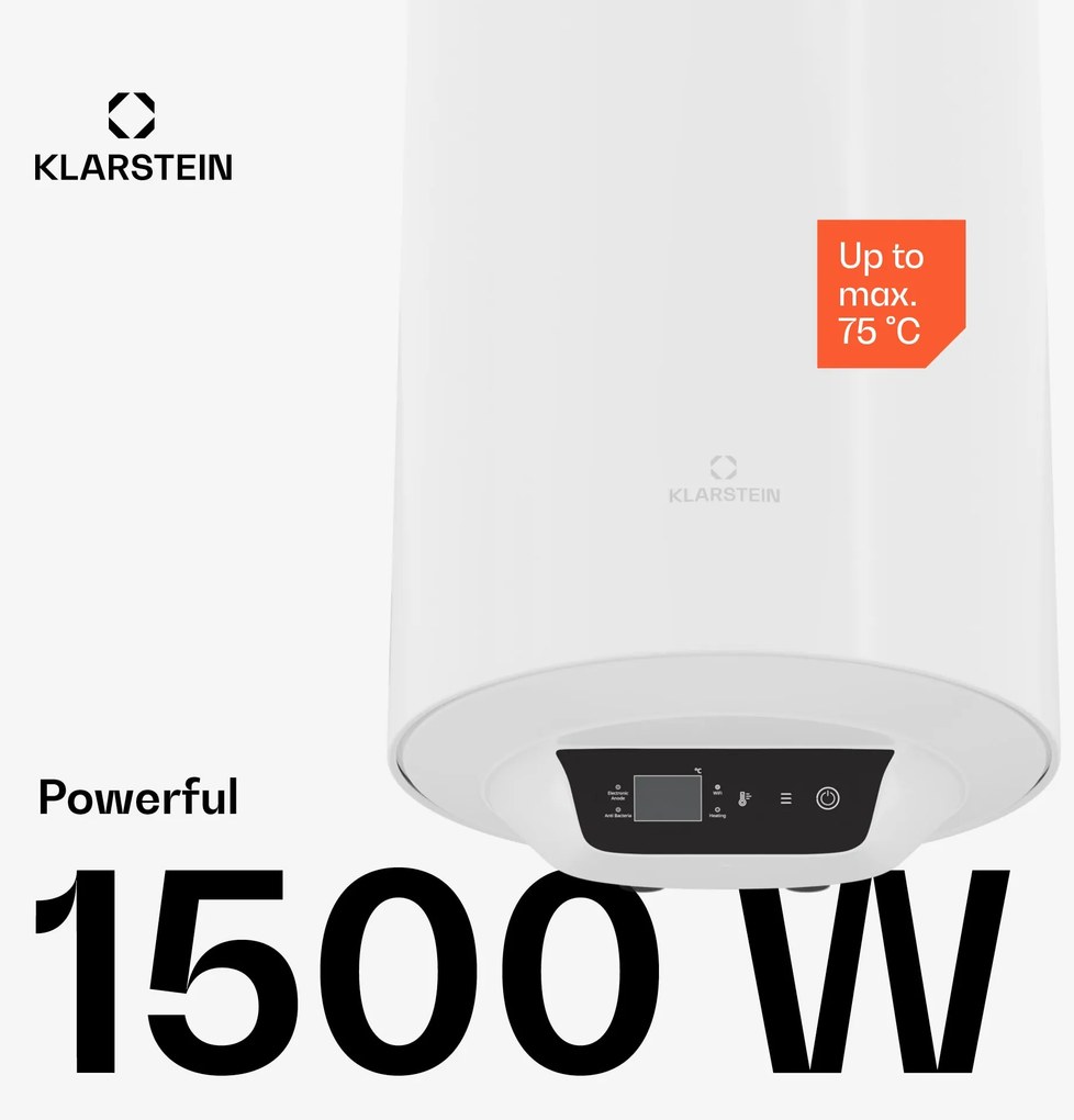 Klarstein ENDURAHEAT SMART 50, bojler, 50 litrov, 75°C. 1500 W, 3 veľkosti biely
