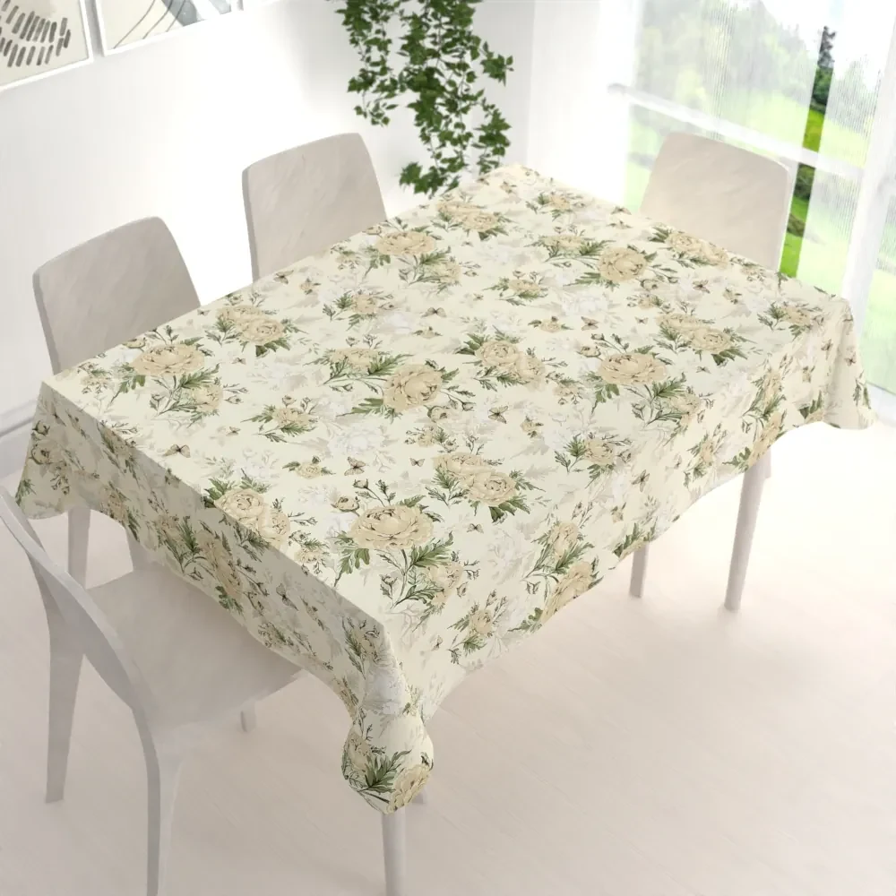 Biante Bavlnený obdĺžnikový obrus Sandra SA-473 Pivonky s motýlikmi na vanilkovom 140x220 cm