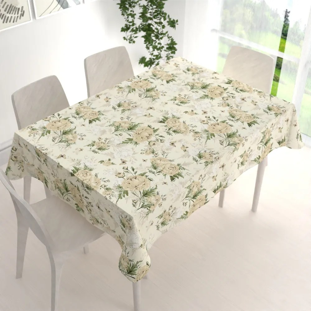 Biante Bavlnený obdĺžnikový obrus Sandra SA-473 Pivonky s motýlikmi na vanilkovom 50x100 cm