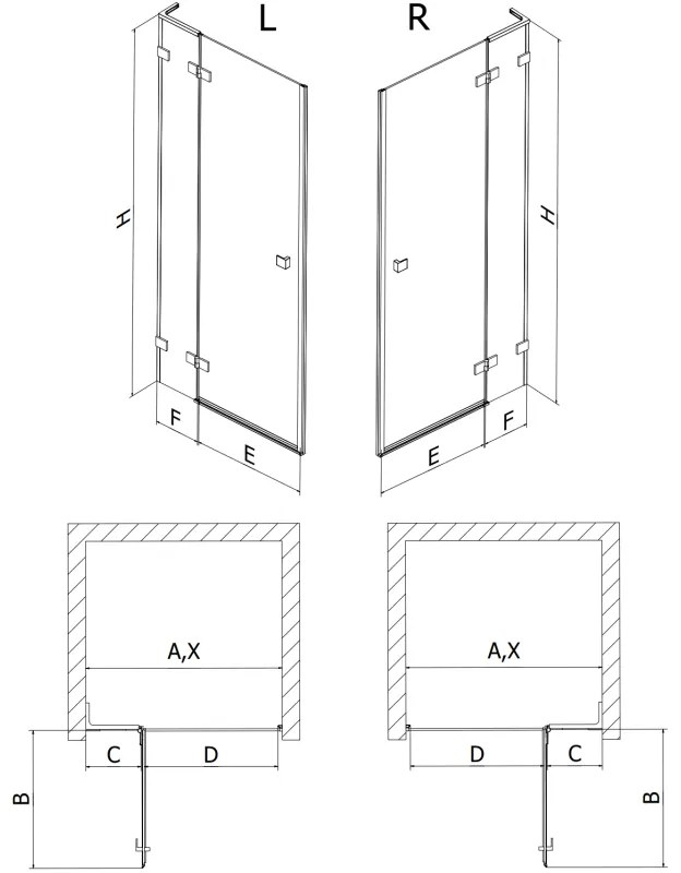 Mexen Lunar L, výklopné pravé sprchové dvere 130 cm, 8mm číre sklo, ružové zlato profil, 834L-130-000-60-00-P
