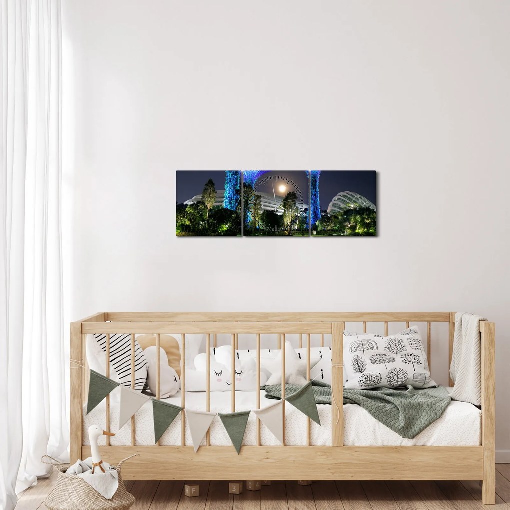 Obraz splnu v Singapurských záhradách (s hodinami) (90x30 cm)