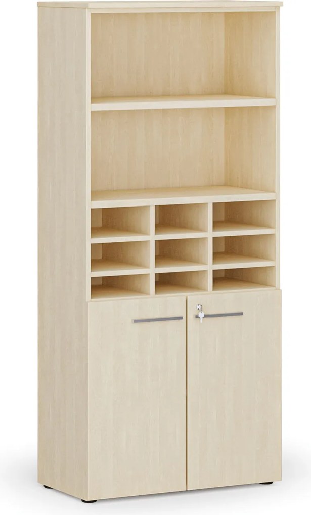 Triediaci regál s dverami PRIMO WOOD, 800 x 420 x 1781 mm, 9 priehradok, breza