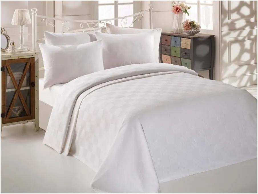 Biely bavlnený pléd cez posteľ na dvojlôžko Single Pique Puro, 200 × 234 cm