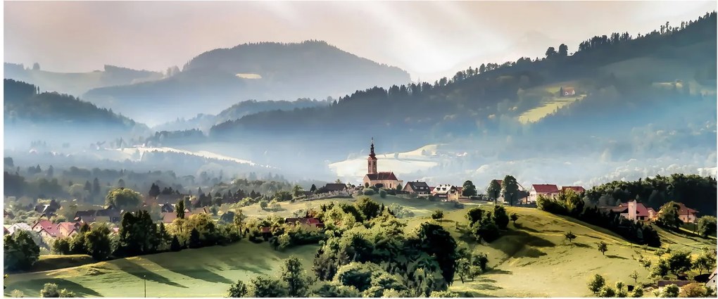Obraz - dedinka v hmle (120x50 cm)