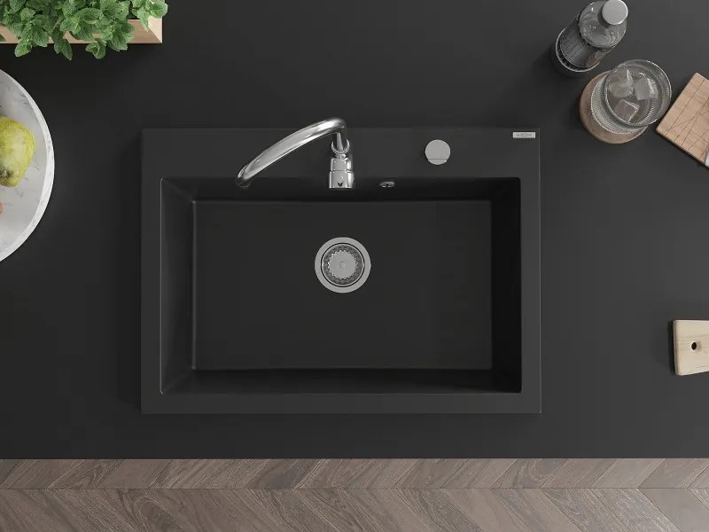 Mexen Elix granitový drez s 1 komorou 700 x 500 mm, čierny, sifón chróm - 6526701005-77