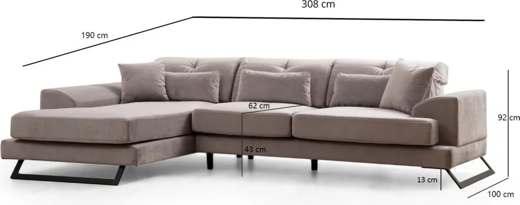 Rohová sedací souprava Frido 308 cm světle šedá levá