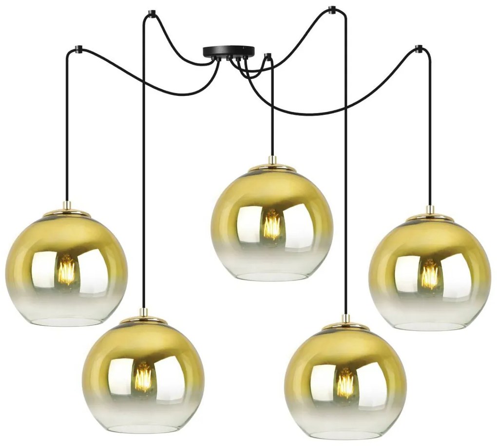 Závesné svietidlo Bergen Gold Spider, 5x zlaté/transparentné sklenené tienidlo (fi 20cm)