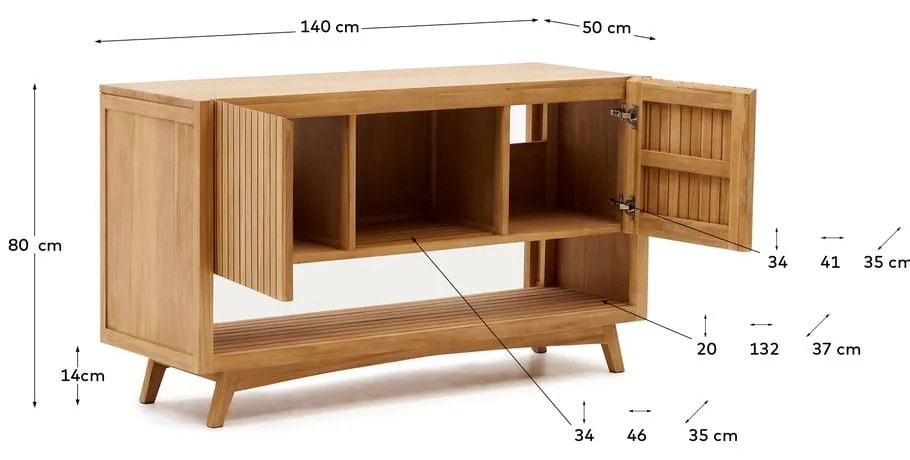 Nízka skrinka pod umývadlo z teakového dreva v prírodnej farbe 140x80 cm Kuveni – Kave Home