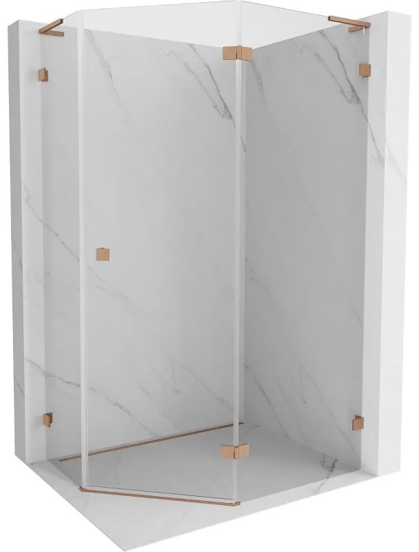 Mexen Lunar, L pravý výklopný päťuholníkový sprchový kút 100 x 90 cm, 8mm číre sklo, profil medená matná, 831L-100P-090L-65-00-P