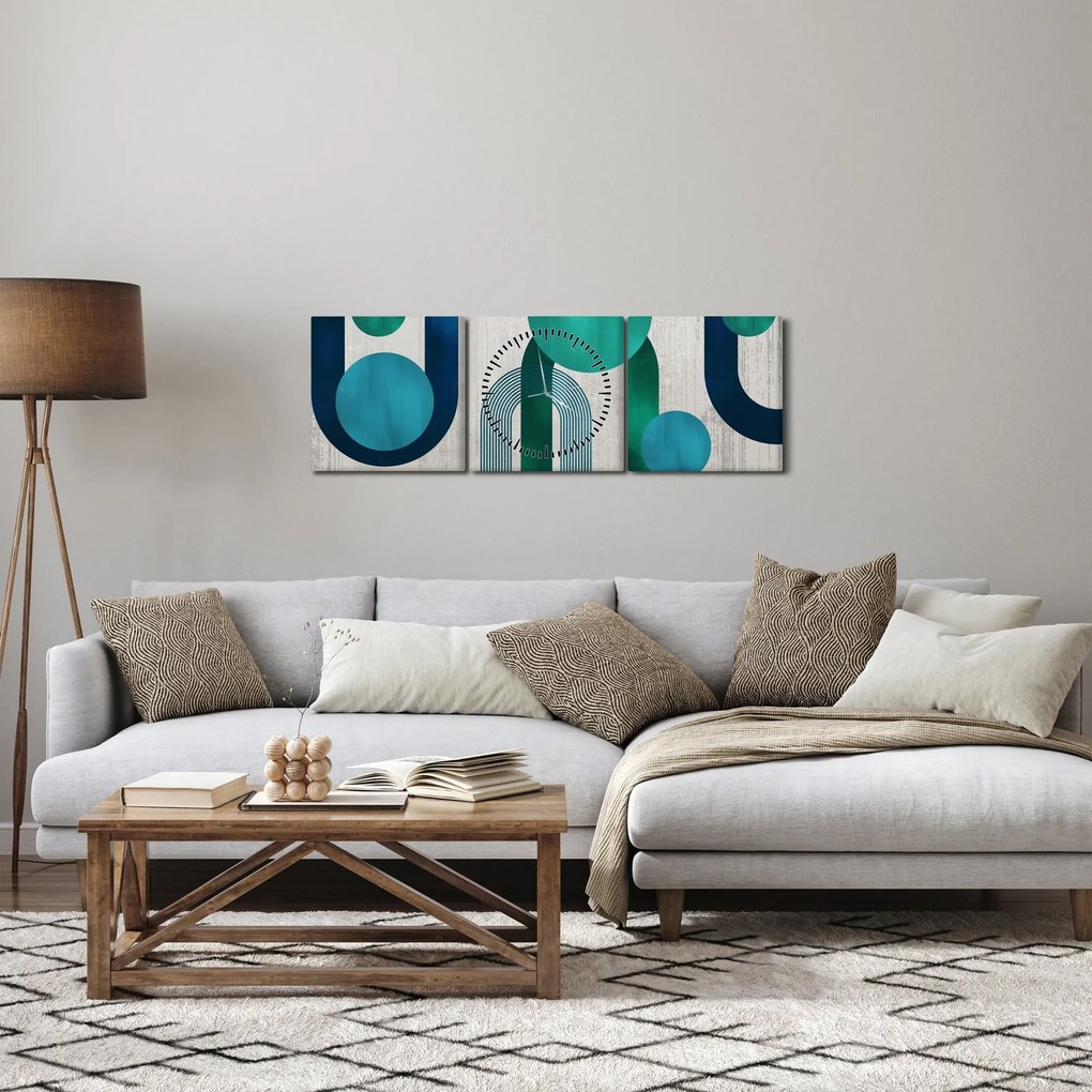 Obraz - Čiary a kruhové tvary (s hodinami) (90x30 cm)