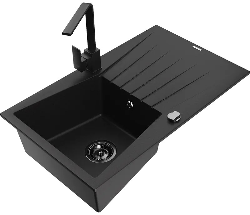 Mexen Cesar, granitový drez 775x470x190 mm, 1-komorový, čierna s čiernym sifónom a čierna drezová batéria Rita, 6514-77-670300-70-B