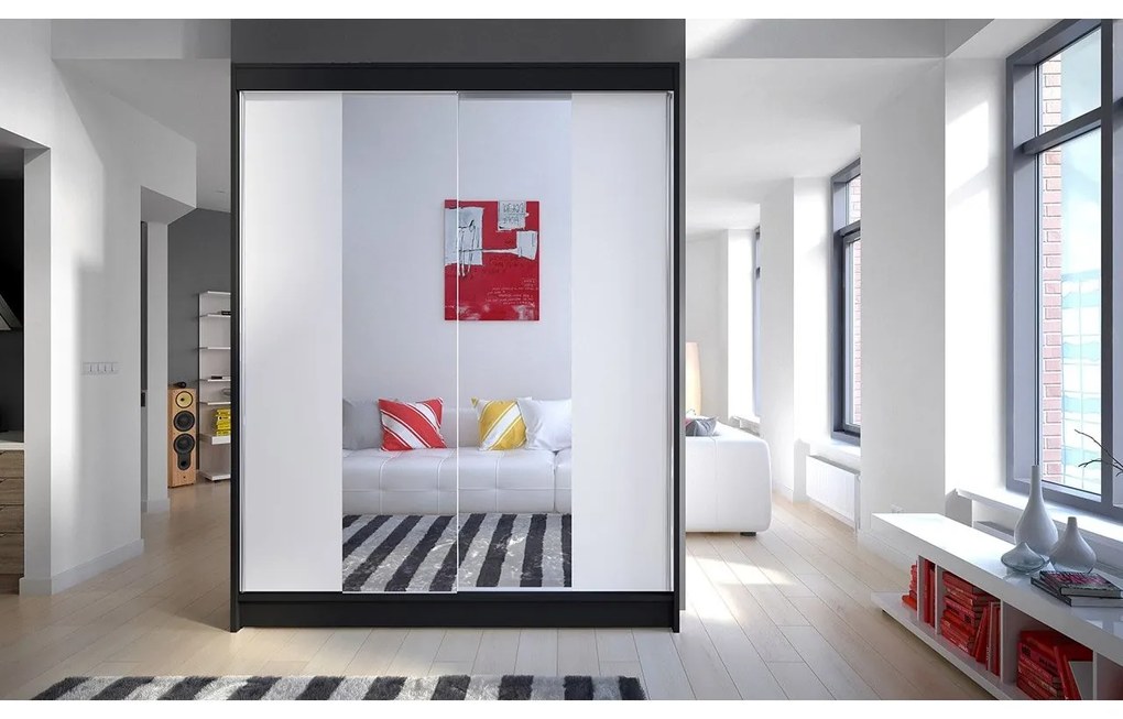 Skriňa s posuvnými dverami Belgia II, Farby: biela / čierna + zrkadlo, Osvetlenie: osvetlenie LED RGB - farebné