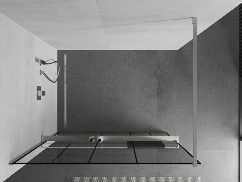 Mexen Kioto+, sprchová zástena Walk-In s poličkou a vešiakom 70 x 200 cm, 8mm číre sklo čierny vzor, brúsená oceľ profil, 800-070-121-97-78