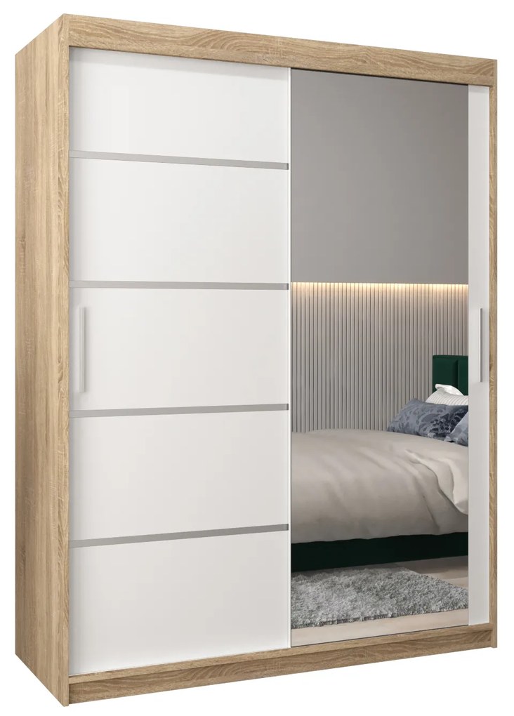 Šatníková skriňa 150 cm so zrkadlom Verika 2 150 (dub sonoma + biela). Akcia -21%. Vlastná spoľahlivá doprava až k Vám domov. 1064206