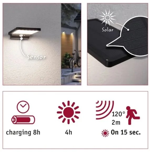 Paulmann 95393-LED/4W IP44 Stmievateľné solárne svietidlo so senzorom SOLVEIG 3,7V