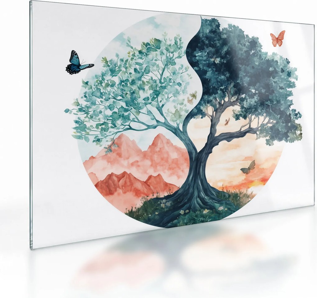 Sklenený obraz – Akvarelový strom plný života (70x50 cm)