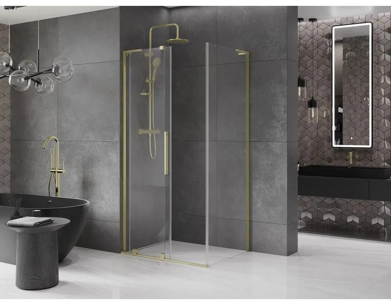 Mexen Velar L, sprchový kút s posuvnými dverami 110 x 120 cm, 8mm číre sklo, zlatá matná, 871-110-120-03-55