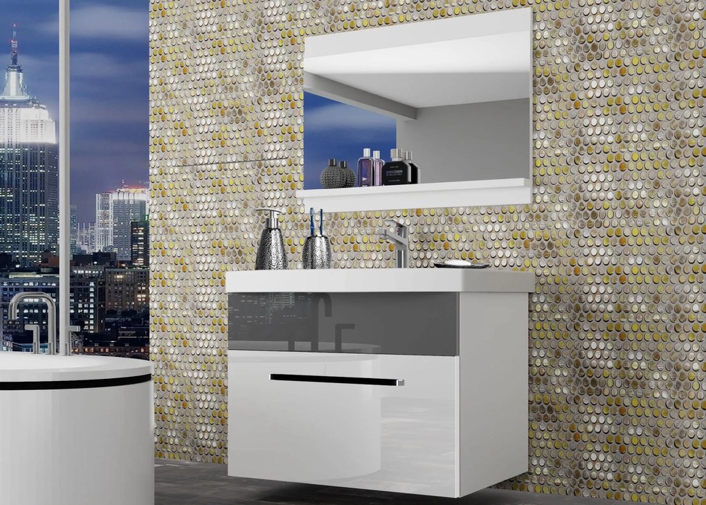 Kúpeľňový nábytok Belini biely lesk / šedý lesk + umývadlo + zrkadlo ROD P 1/0/W/WS/0/ZW