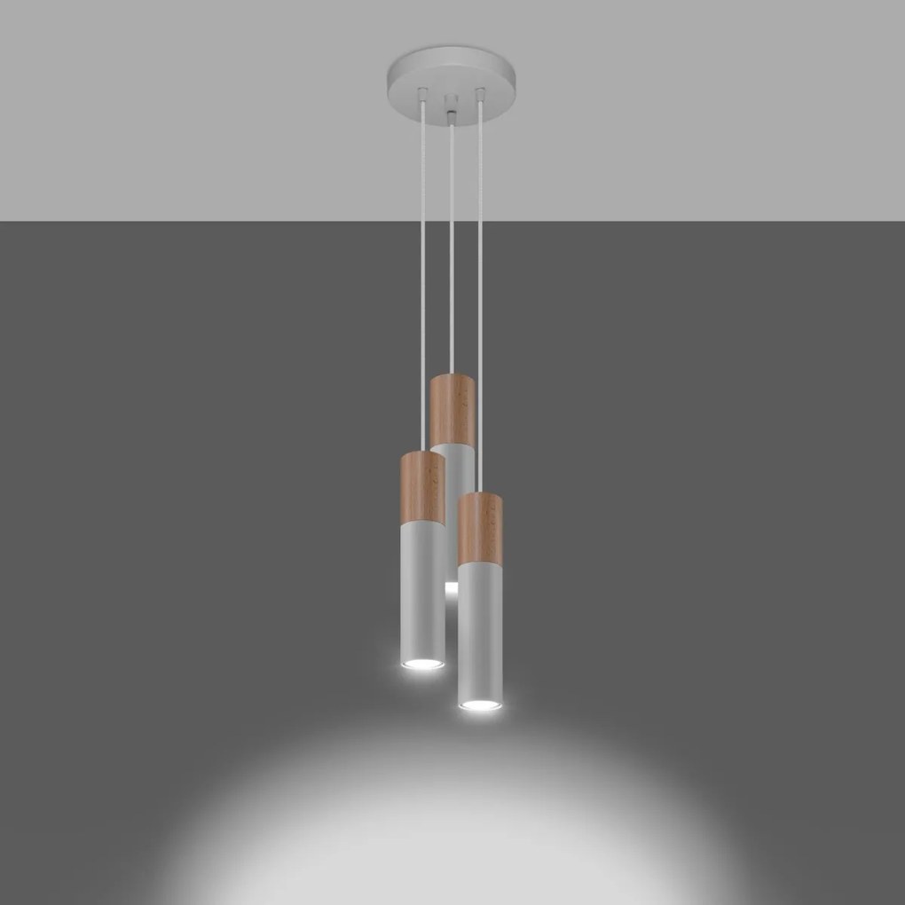 Závesné svietidlo Pablo, 3x drevené/biele kovové tienidlo, o