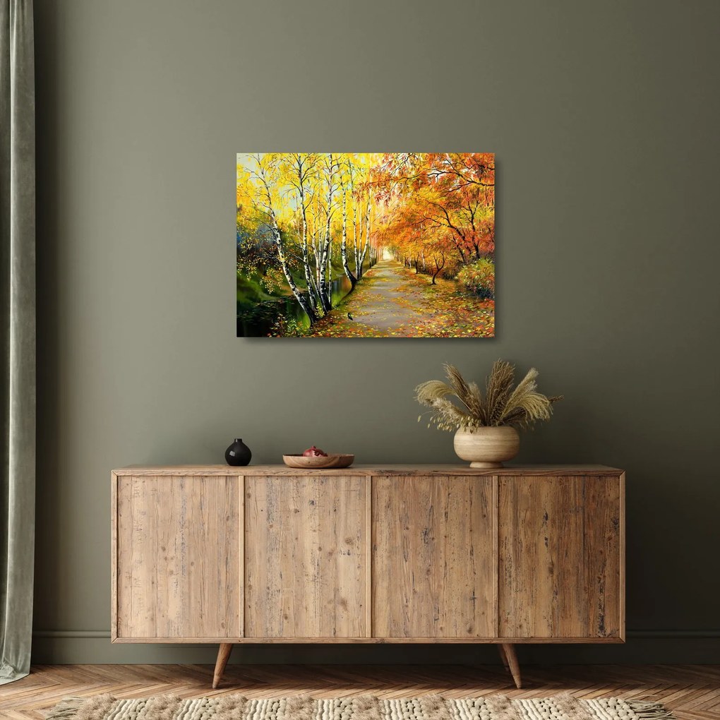 Sklenený obraz - Romantická alej pozdĺž vody, olejomaľba (70x50 cm)
