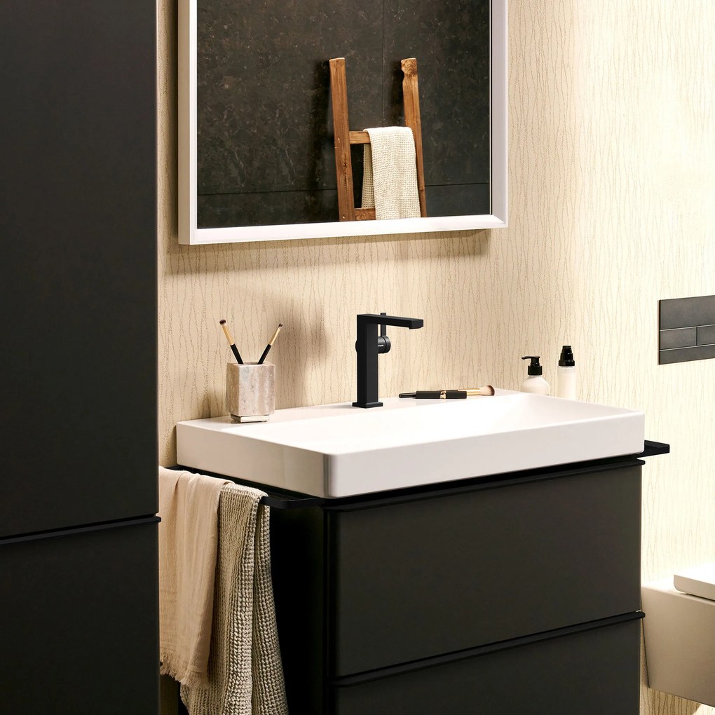 Hansgrohe Tecturis E, páková umývadlová batéria 150 Fine CoolStart EcoSmart+ s odtokovou garnitúrou Push-Open, čierna matná, HAN-73040670