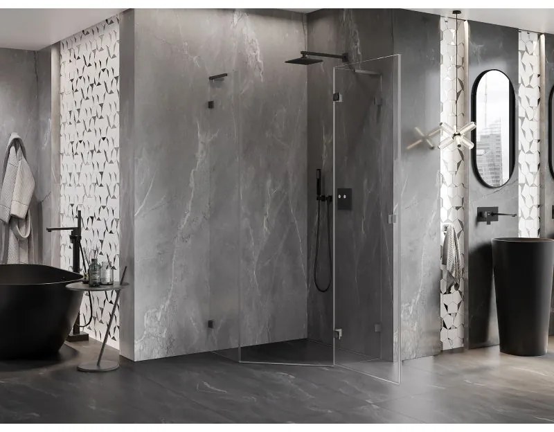 Mexen Lunar, L pravý výklopný päťuholníkový sprchový kút 90x90 cm, 8mm číre sklo, profil grafit brúsený, 831L-090P-090L-66-00-P