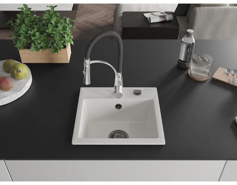 Mexen Milo, 1-komorový granitový drez 435x410x171 mm a drezová batéria Aster, biela, 6505-20-73450-07-B