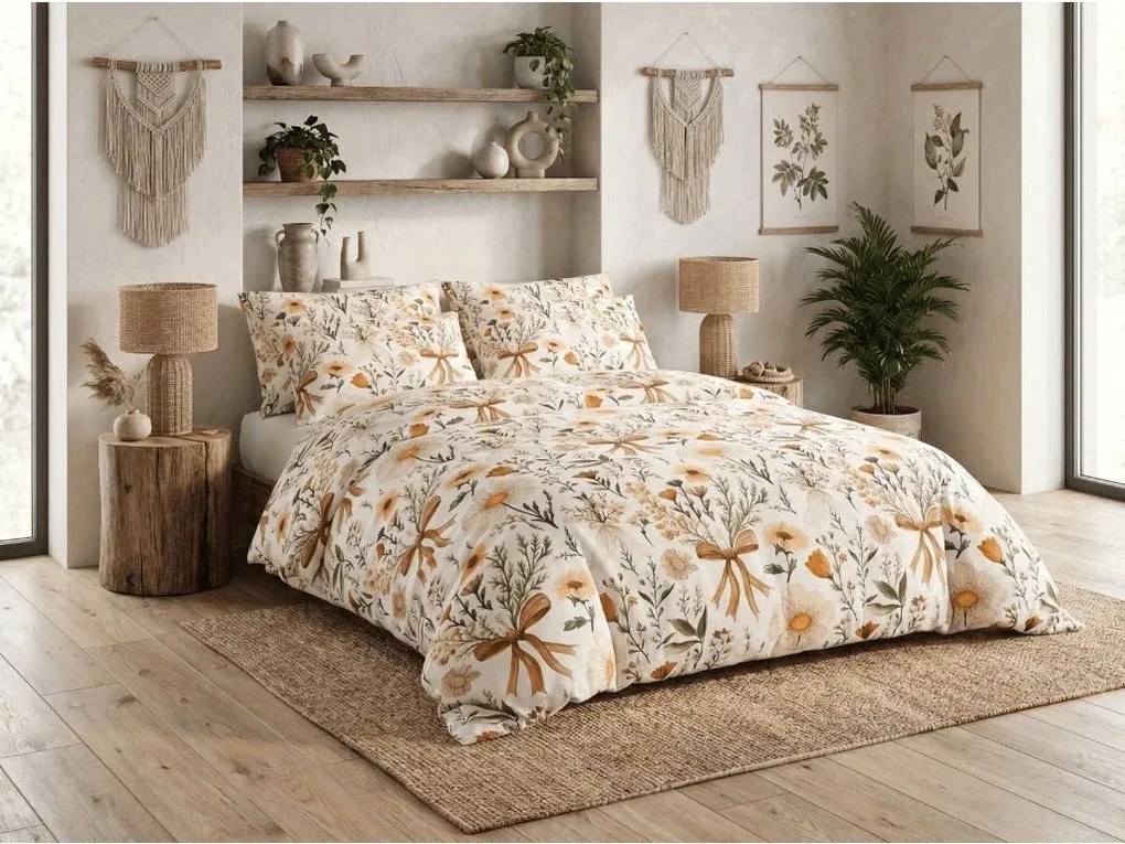 Sada krepových obliečok FLORAL RIBBON POLY farebné + plachta Jersey 180 x 200 cm svetlobéžové, dvojlôžko