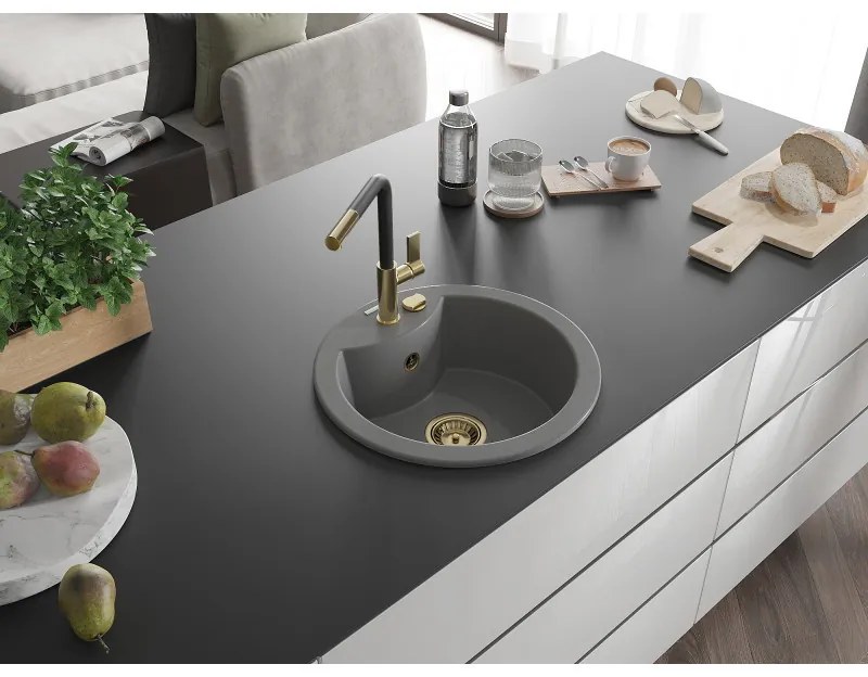 Mexen Diego, 1-komorový granitový drez 488x488x167 mm a drezová batéria Flora, šedá, 6512-71-670401-57-G