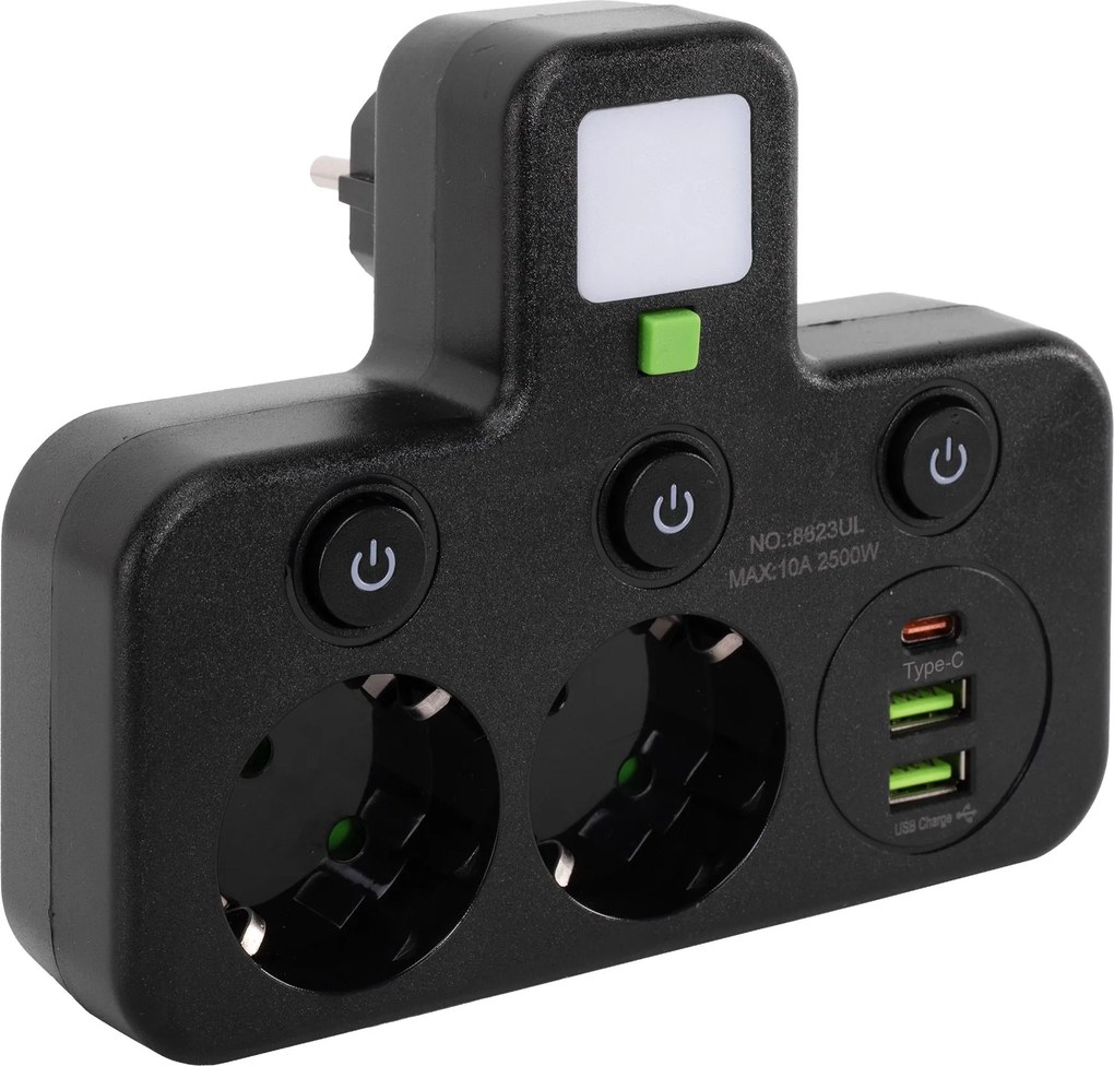 Toolight Toolight, JNH017, zásuvkový rozbočovač 2 zásuvky + 2× USB-A + USB-C s LED svetlom, čierna, OSW-56308