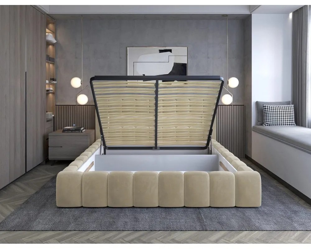 Béžová čalúnená dvojlôžková posteľ s úložným priestorom s roštom 180x200 cm Lamica – ELTAP