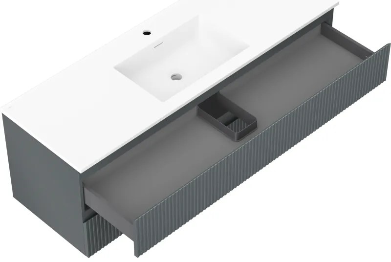 Mexen Rivel, kúpeľňová skrinka 140 cm s umývadlom Otis, 2 zásuvky, drážkovaná, grafitová matná/biela matná, 91A20-14047-2-BFF66-W18M