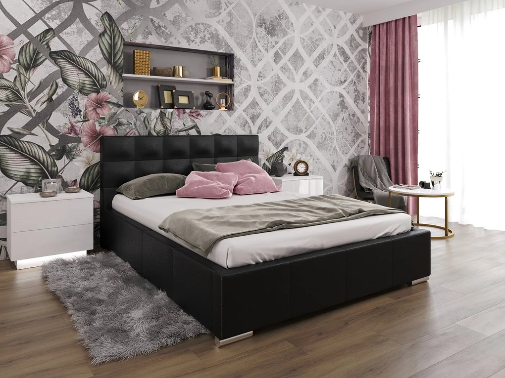 LARA 180X200 ČALÚNENÁ MANŽELSKÁ POSTEĽ ČIERNA EKO-KOŽA S ÚLOŽNÝM PRIESTOROM