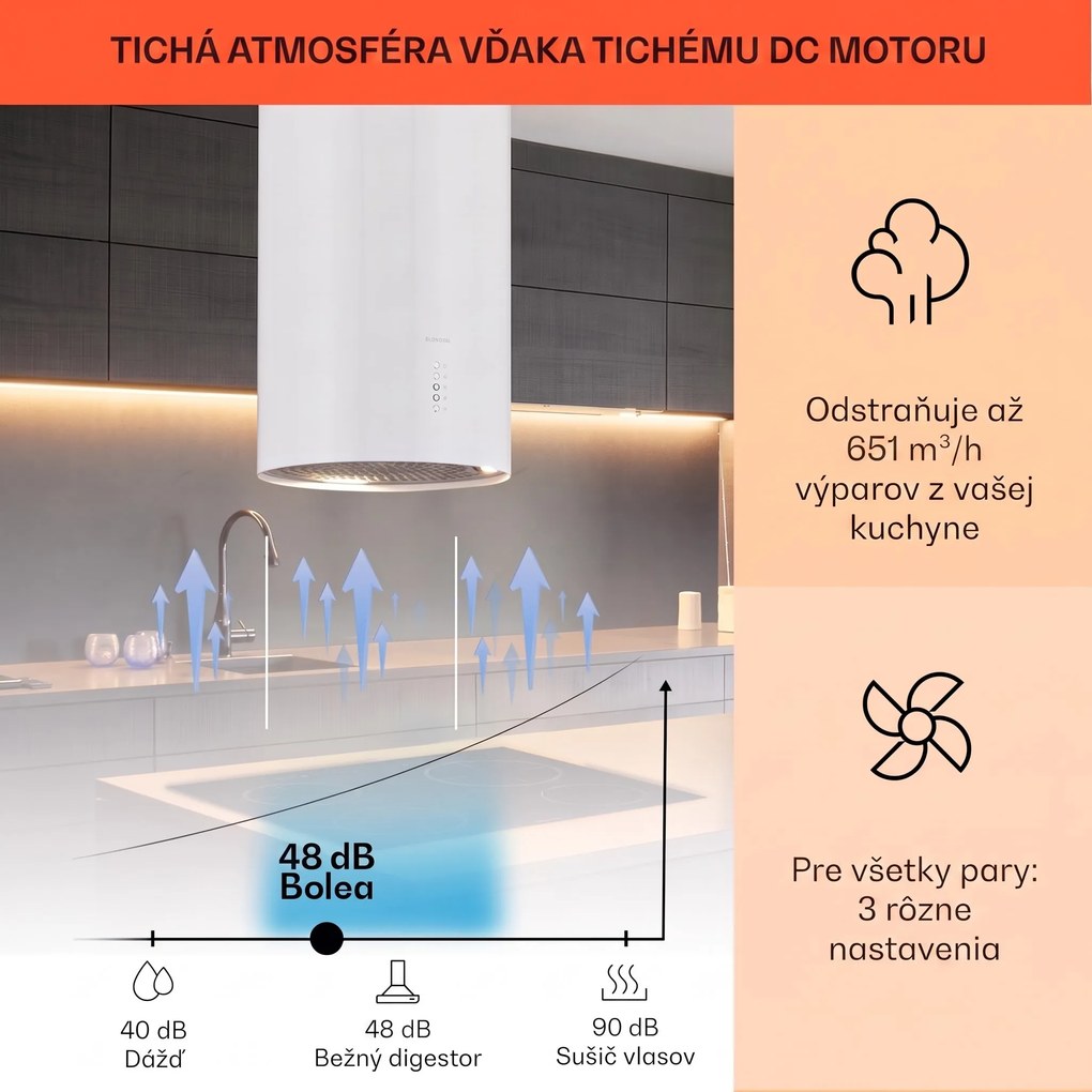 Klarstein Bolea, digestor, 38 cm, ostrovčekový, 651 m³/h, LED, filtre s aktívnym uhlím, nehrdzavejúca oceľ