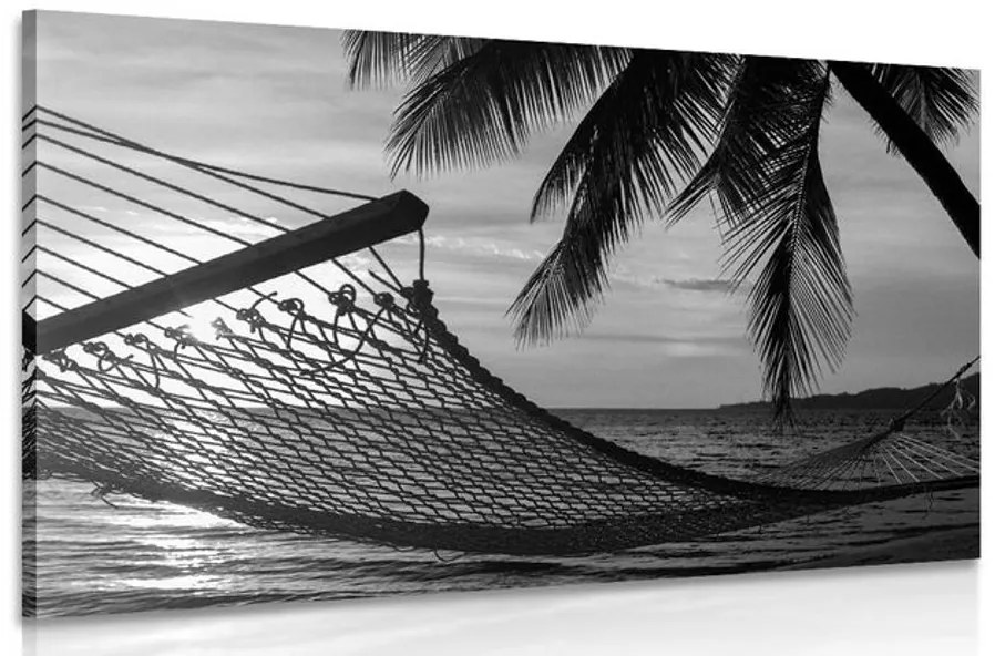 Obraz hojdacia sieť na pláži v čiernobielom prevedení