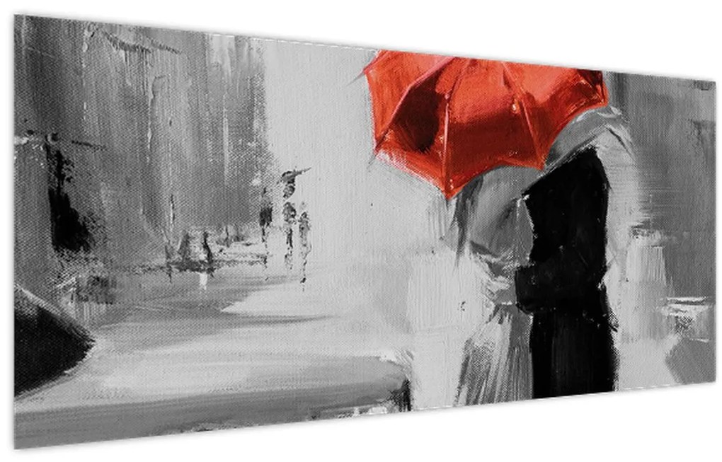 Obraz - Zamilovaný pár pod dáždnikom, červený (120x50 cm)