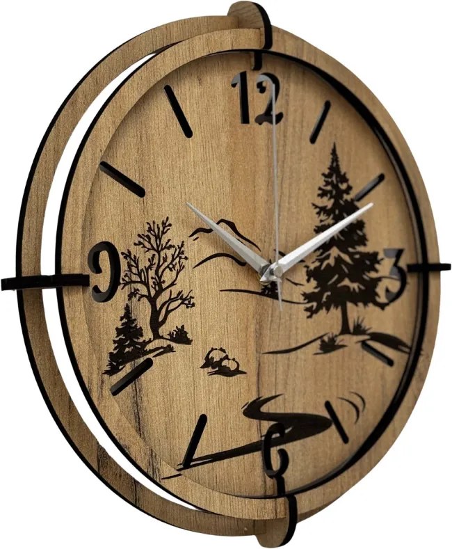 Moderné nástenné hodiny s motívom lesa a hôr | SENTOP HDF0600-GOLD-OAK