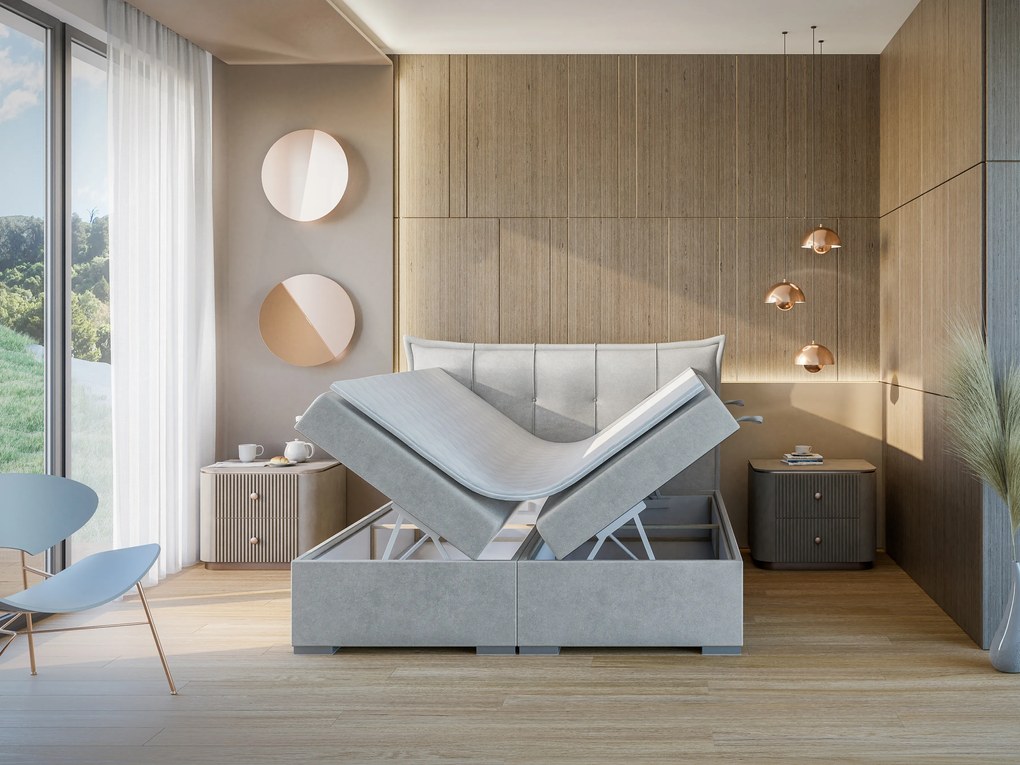 Manželská posteľ Boxspring 180 cm Mirage (svetlosivá) (s matracom a úl. priestorom). Akcia -20%. Vlastná spoľahlivá doprava až k Vám domov. 1043420