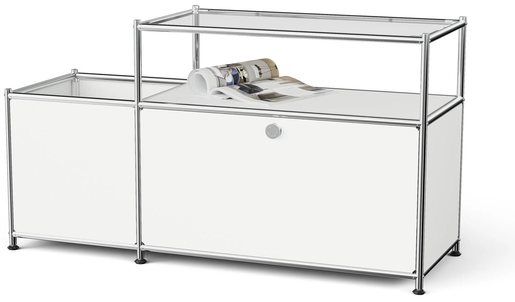 Kovová nízka skrinka »CN3« s výklopným priečinkom a sklenenou doskou, biela