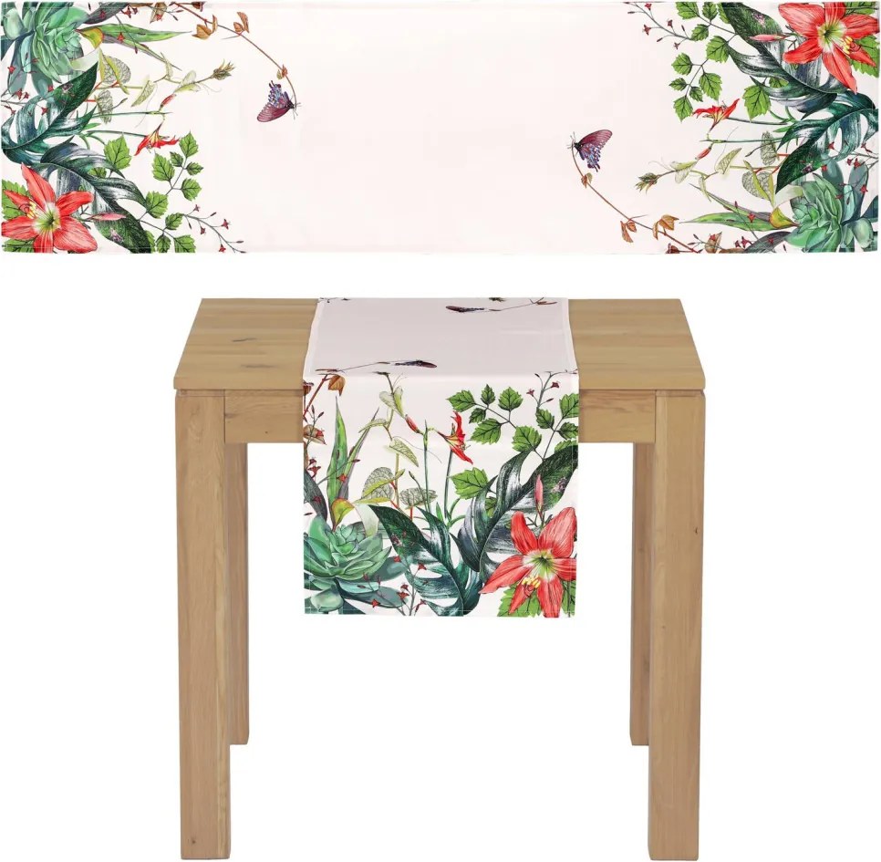Behúň na stôl 40x150 cm, zelené listy a motýliky