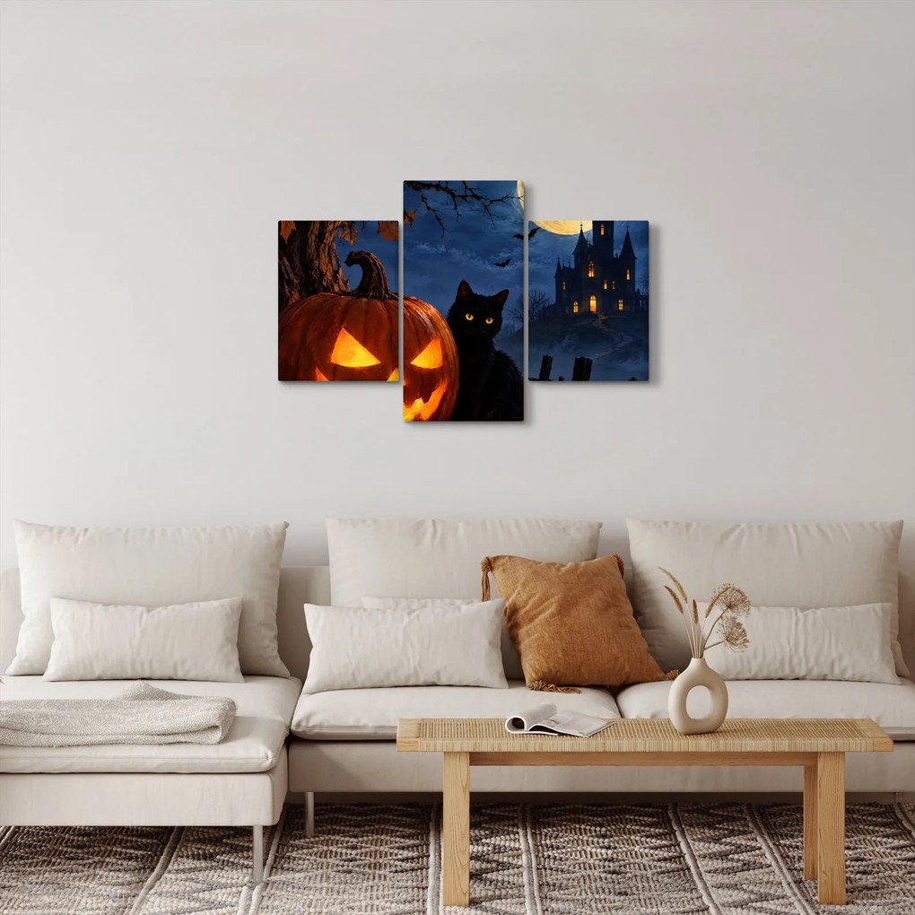 Obraz - Čierna mačka pri svietiacej tekvici na Halloween (90x60 cm)
