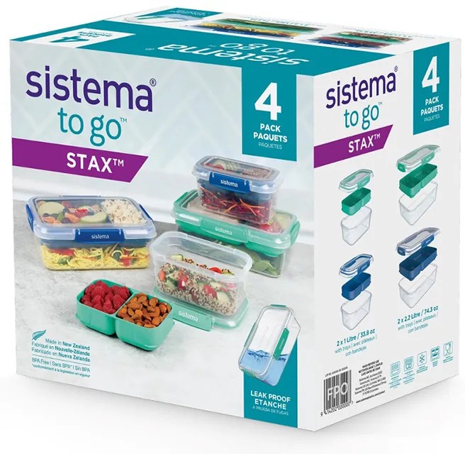 SISTEMA Súprava 4 krabičiek 2v1 na obed SISTEMA, 2x2,2l + 2x1l, modrá a zelená